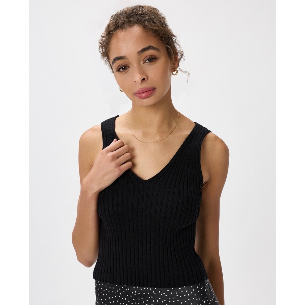Quince Women Tank Top Small Black Ribbed V-Neck Sleeveless Knit